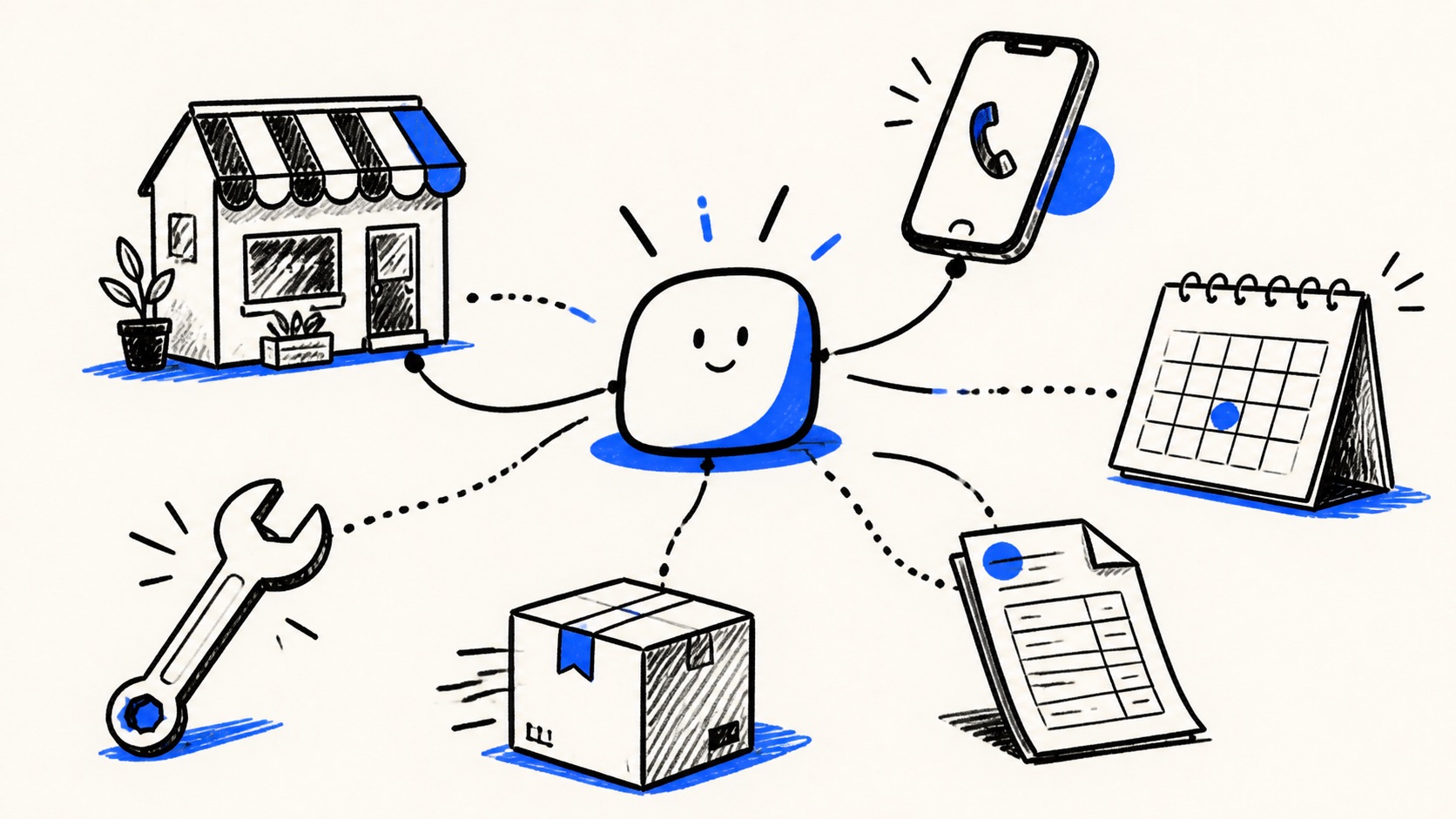 Doodle illustration of an AI helper connecting practical small business tasks