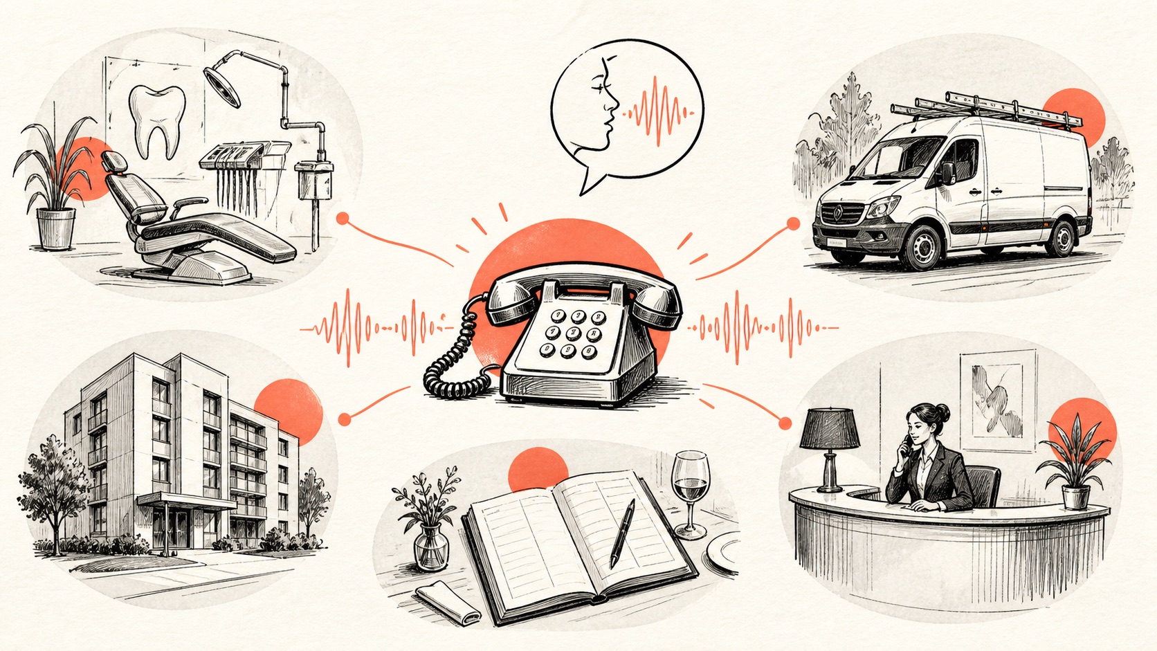 Doodle illustration of phones connecting several local service businesses