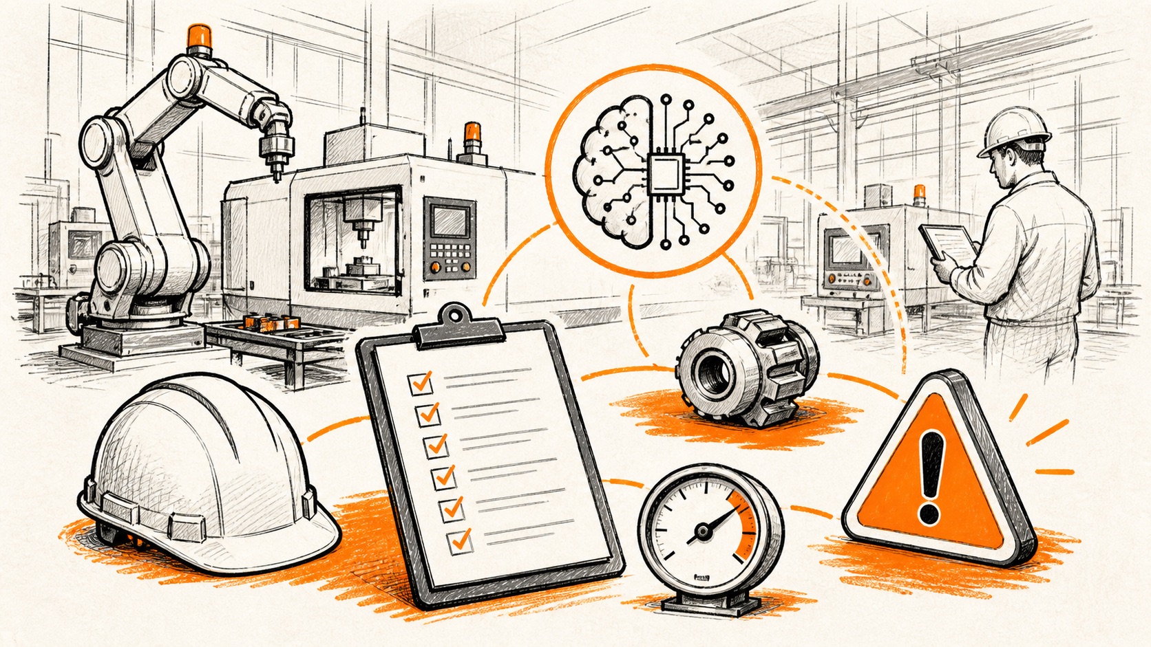 Doodle illustration of factory equipment, inspection and maintenance tools