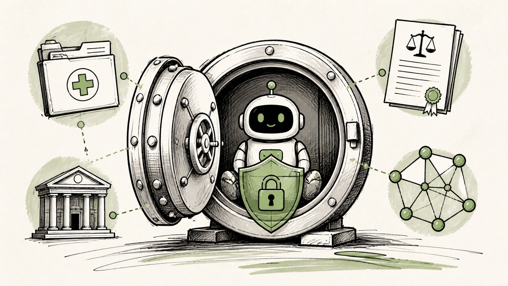 Doodle illustration of a secure AI vault and regulated records