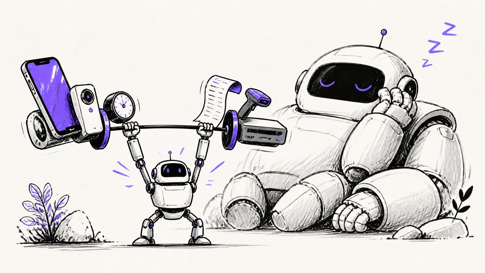 Doodle illustration of a small AI system handling practical edge tasks