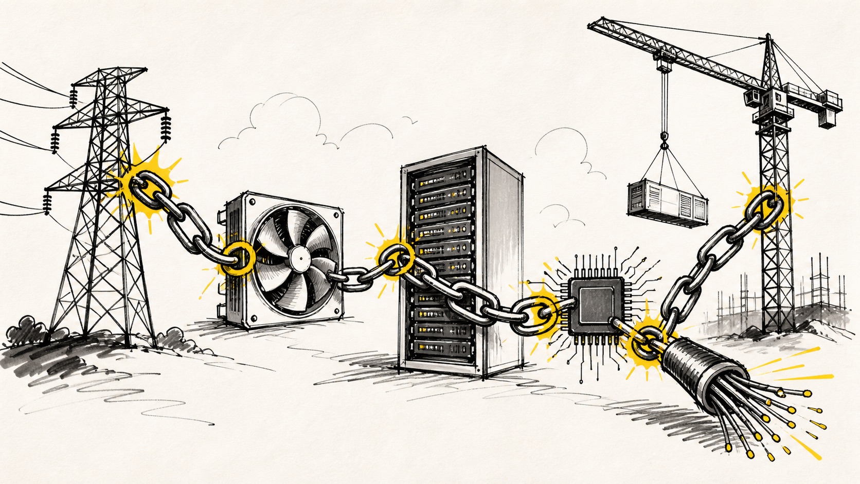 Doodle illustration of power, cooling, chips, fiber and data centers