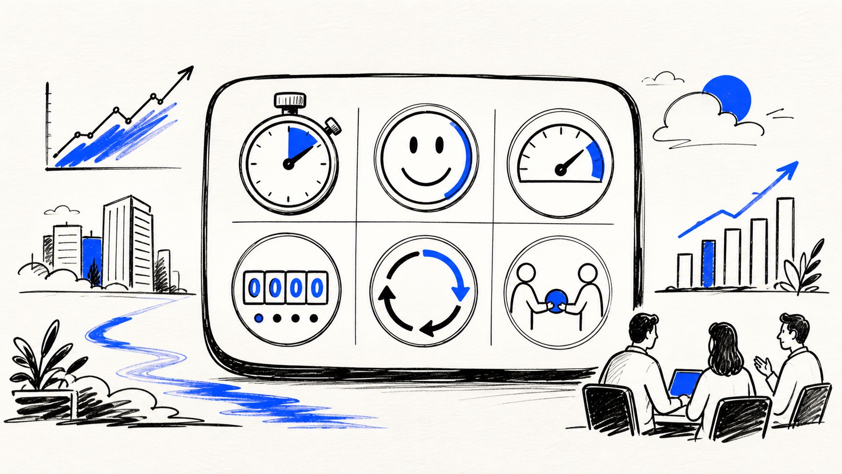 Doodle illustration of an AI operations measurement dashboard