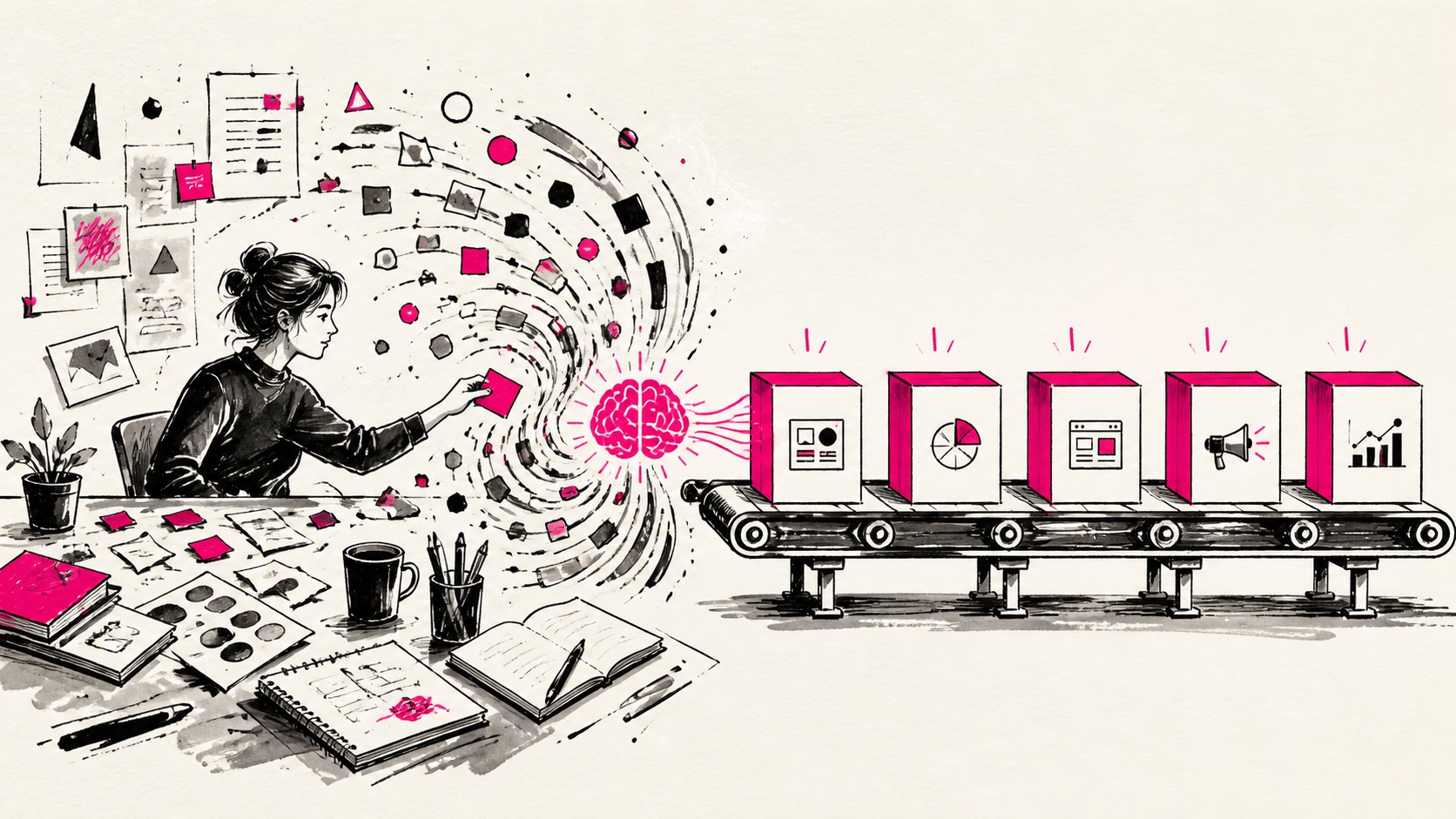 Doodle illustration of an agency turning scattered work into productized services