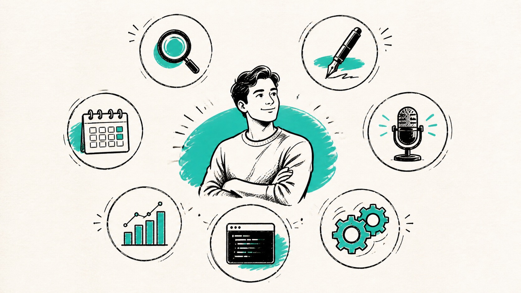 Doodle illustration of a solo founder surrounded by practical AI tools