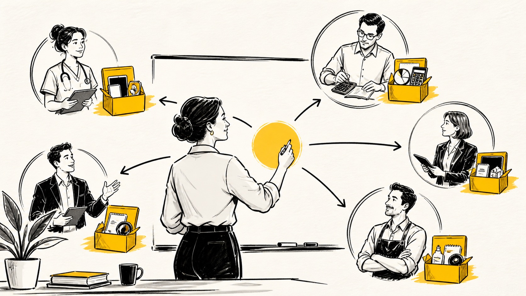 Doodle illustration of professional groups receiving tailored AI education