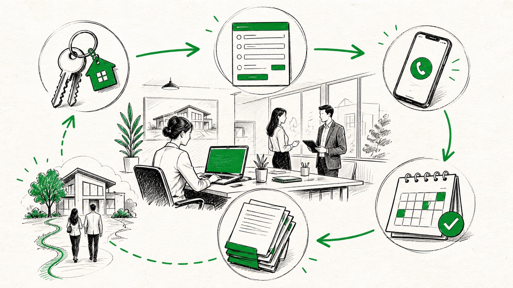 Doodle illustration of a property office connected to calls, calendars and documents