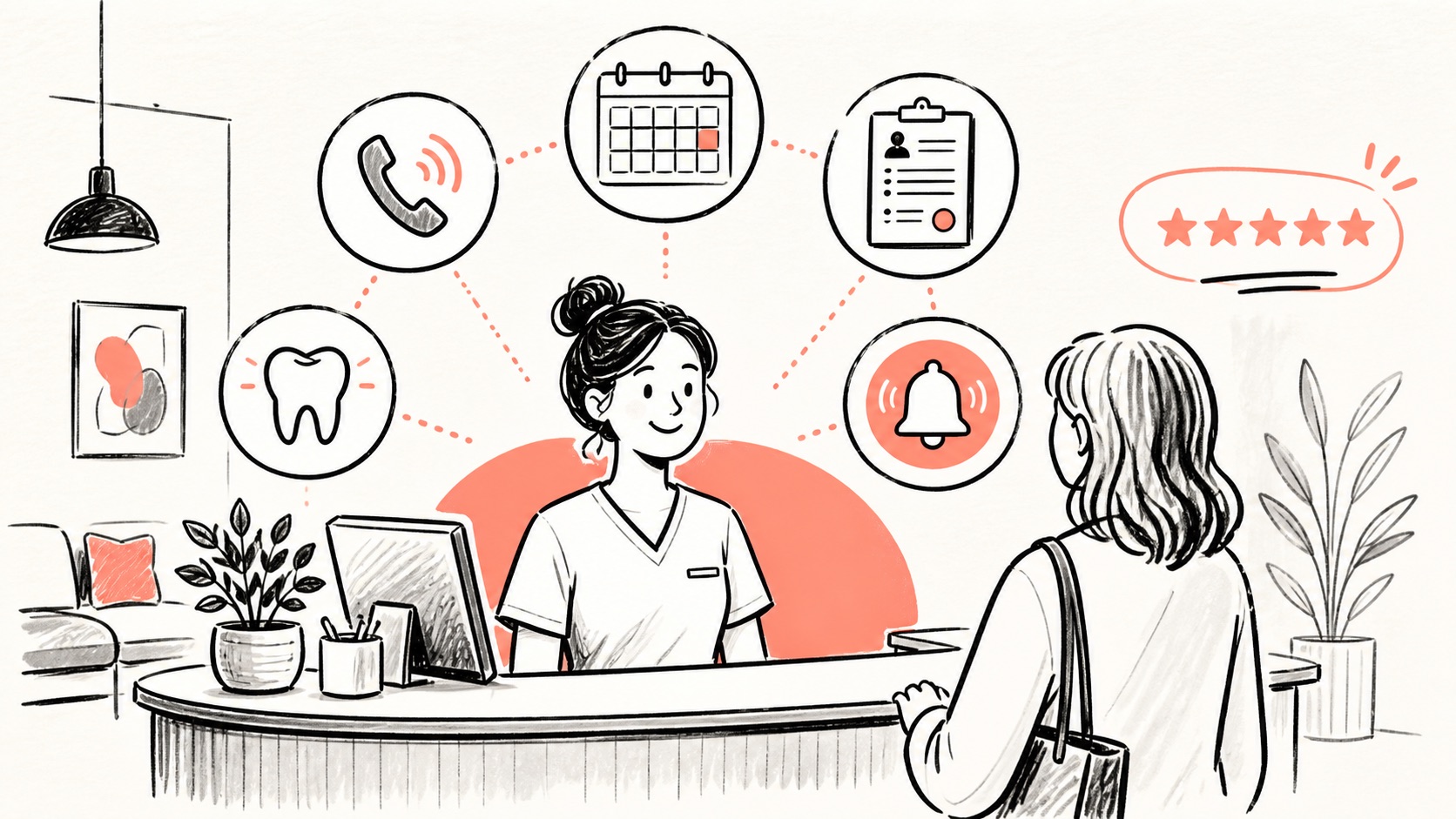 Doodle illustration of a dental front desk with calls and appointment tools