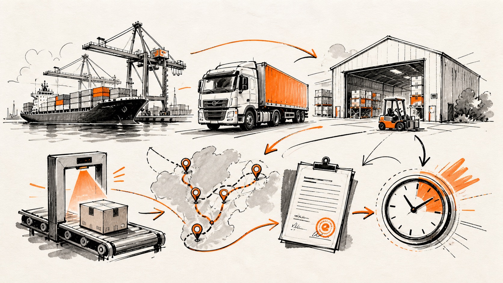 Doodle illustration of freight, warehouse and route operations