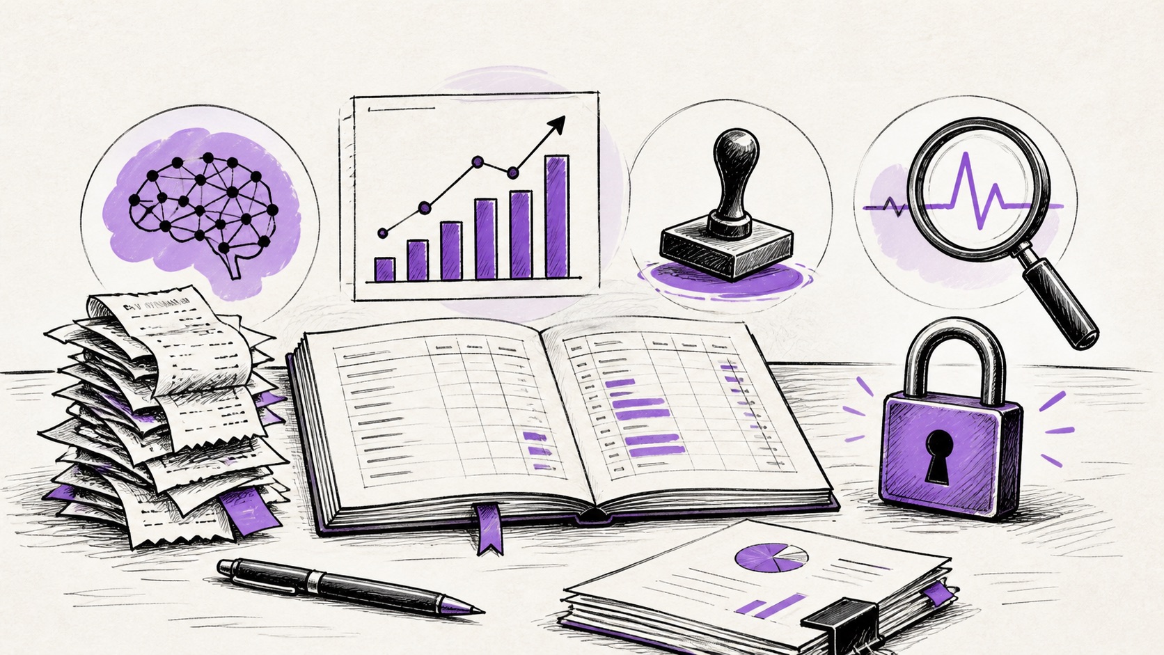 Doodle illustration of finance controls, receipts and forecasts
