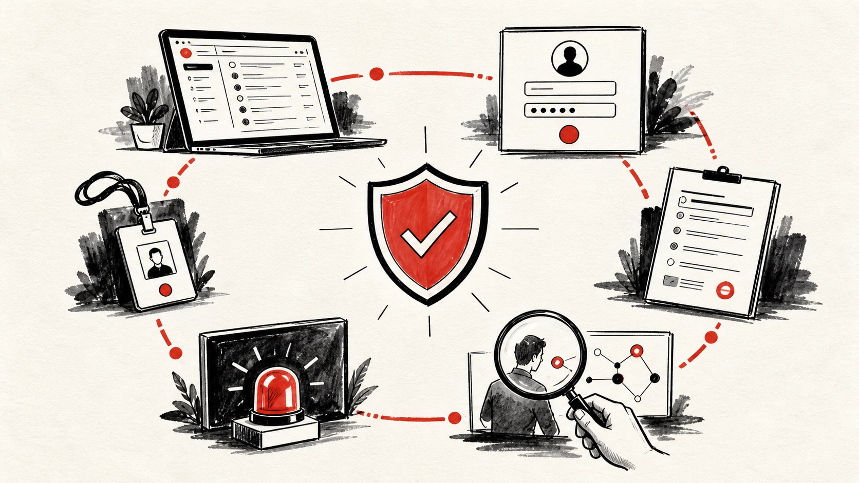 Doodle illustration of ordinary office workflows inside a security perimeter