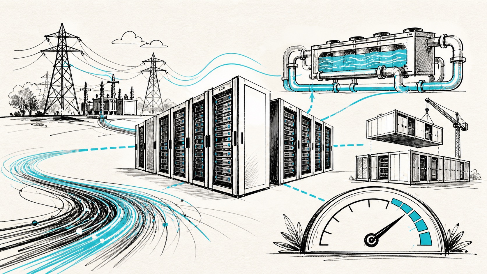Doodle illustration of data center racks, energy, cooling and modular construction