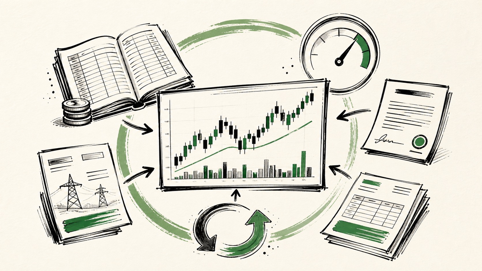 Doodle illustration of market charts, spending and utilization signals