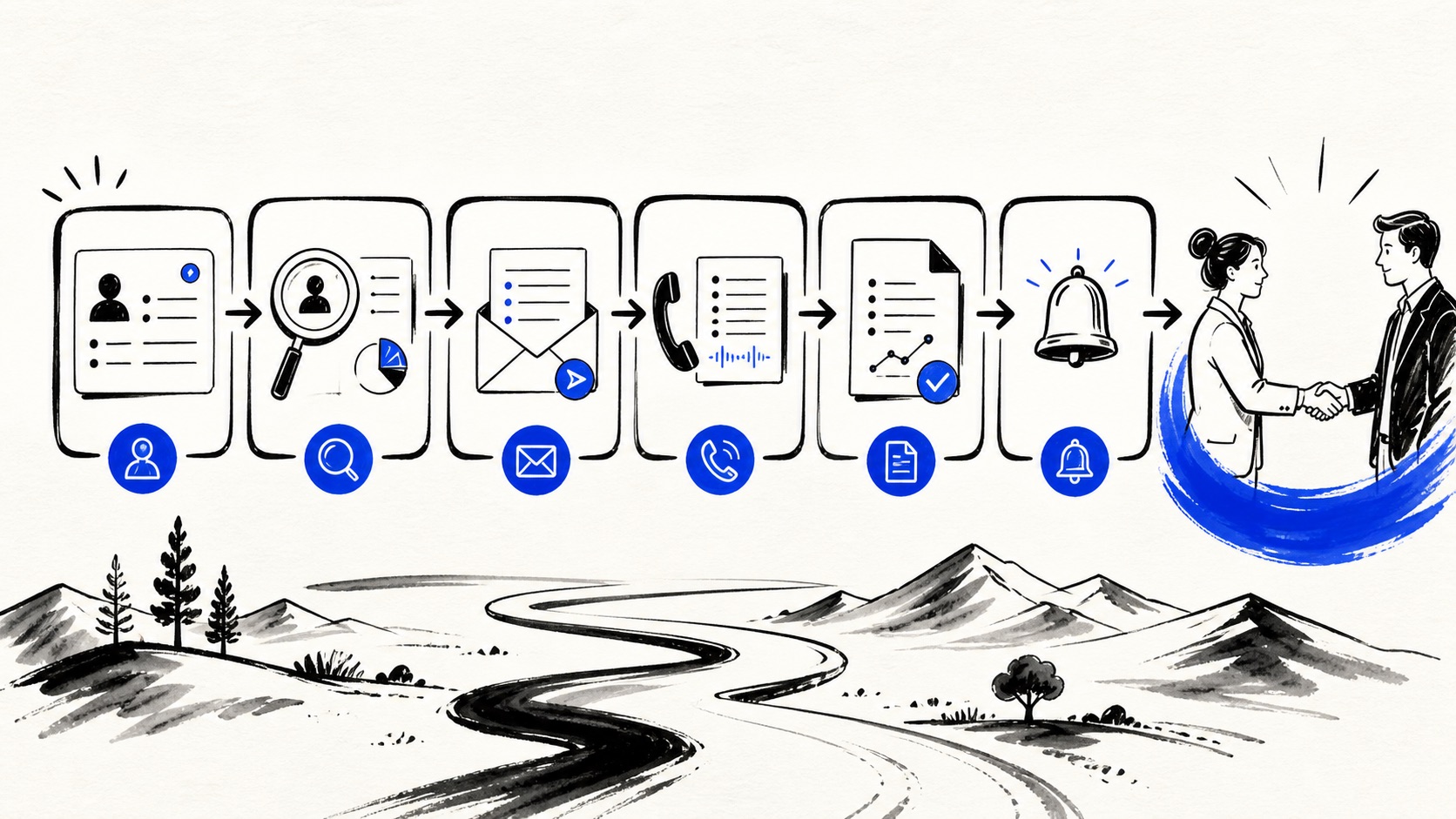 Doodle illustration of a sales pipeline with research, calls and follow-up