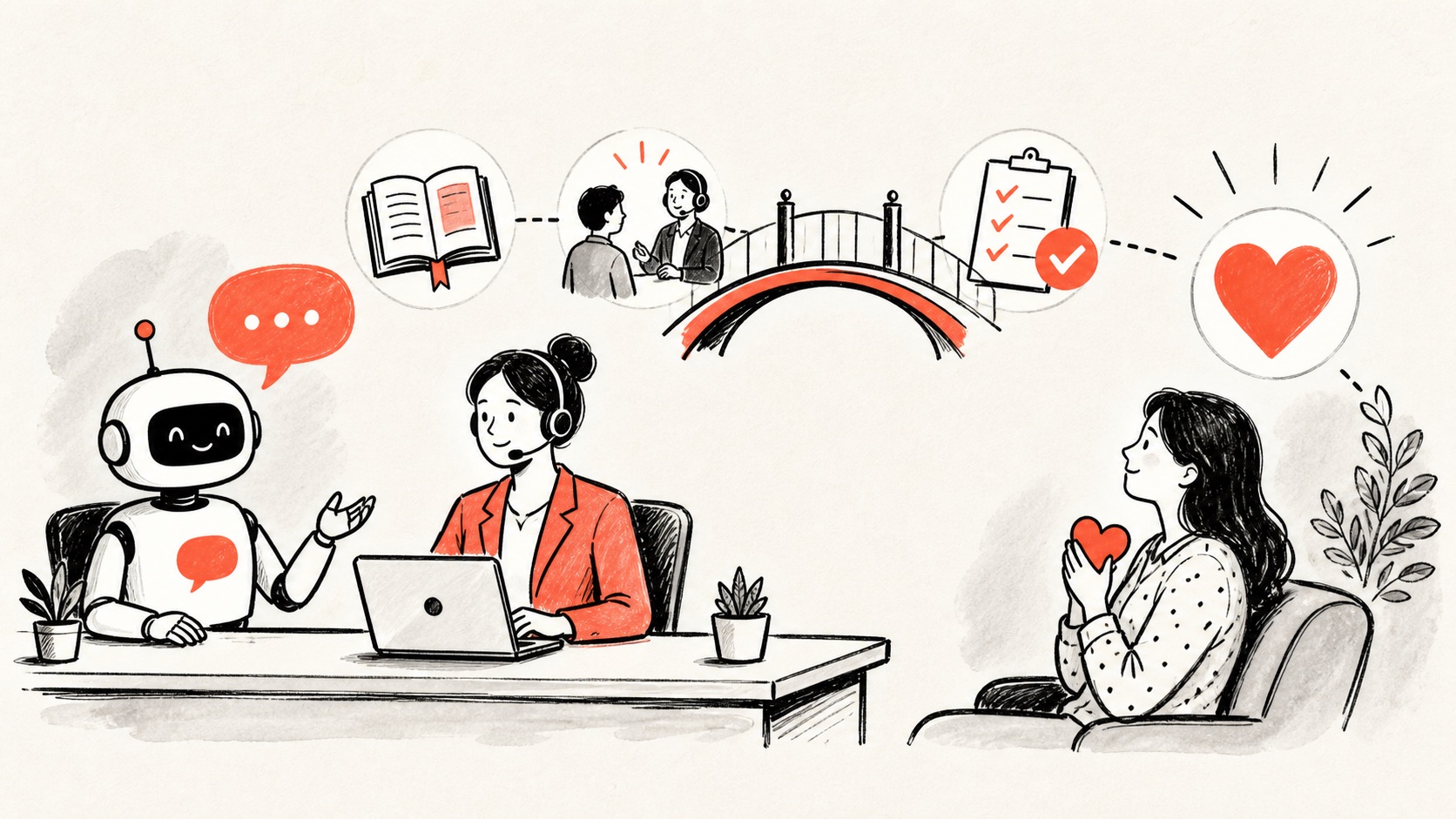 Doodle illustration of AI and human customer support working together