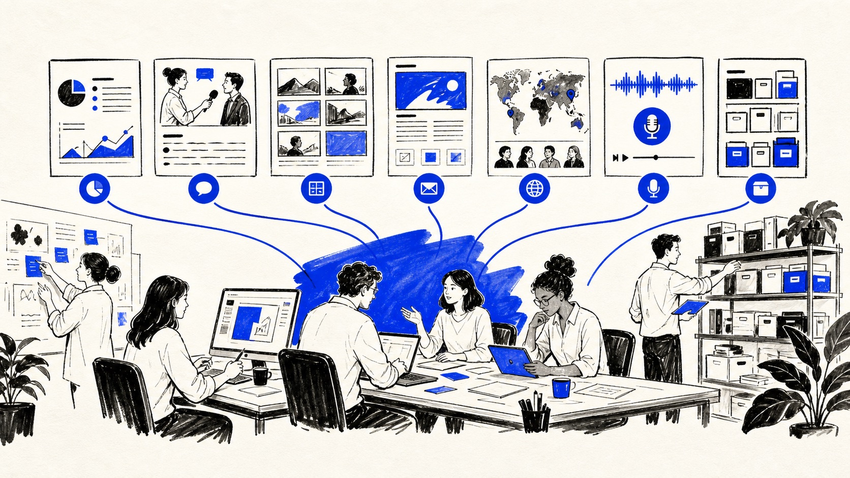 Doodle illustration of a content studio producing several specialized formats