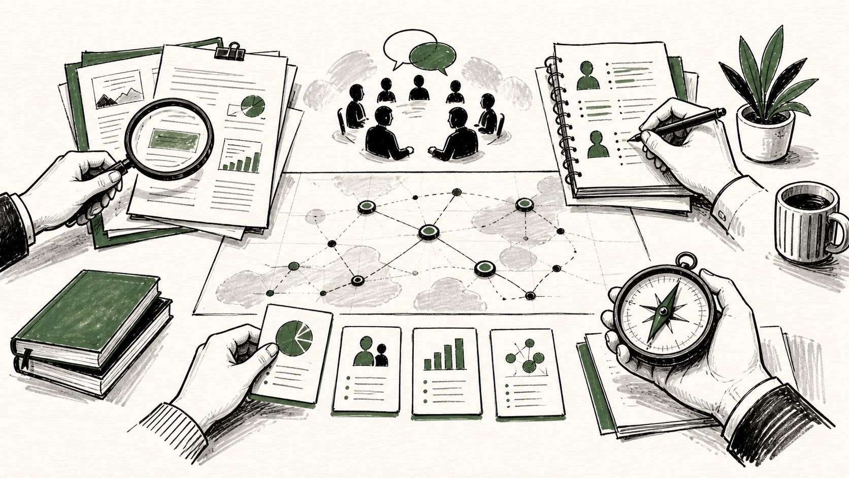 Doodle illustration of research evidence, sources and a strategy decision