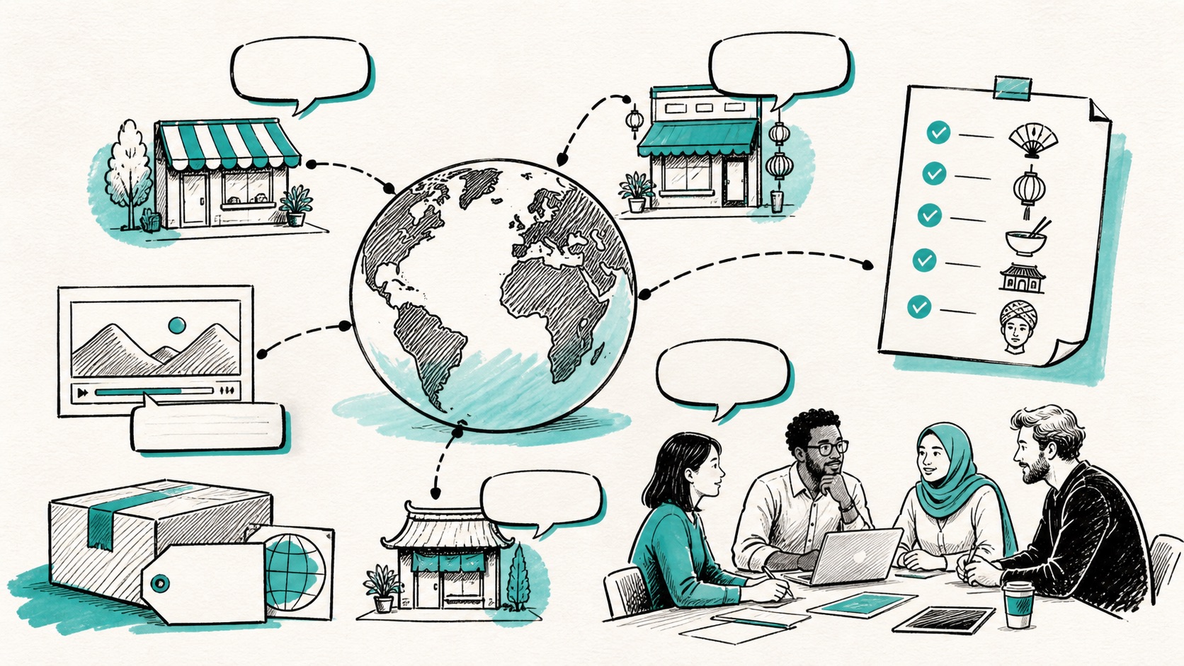 Doodle illustration of global storefronts, language and cultural review