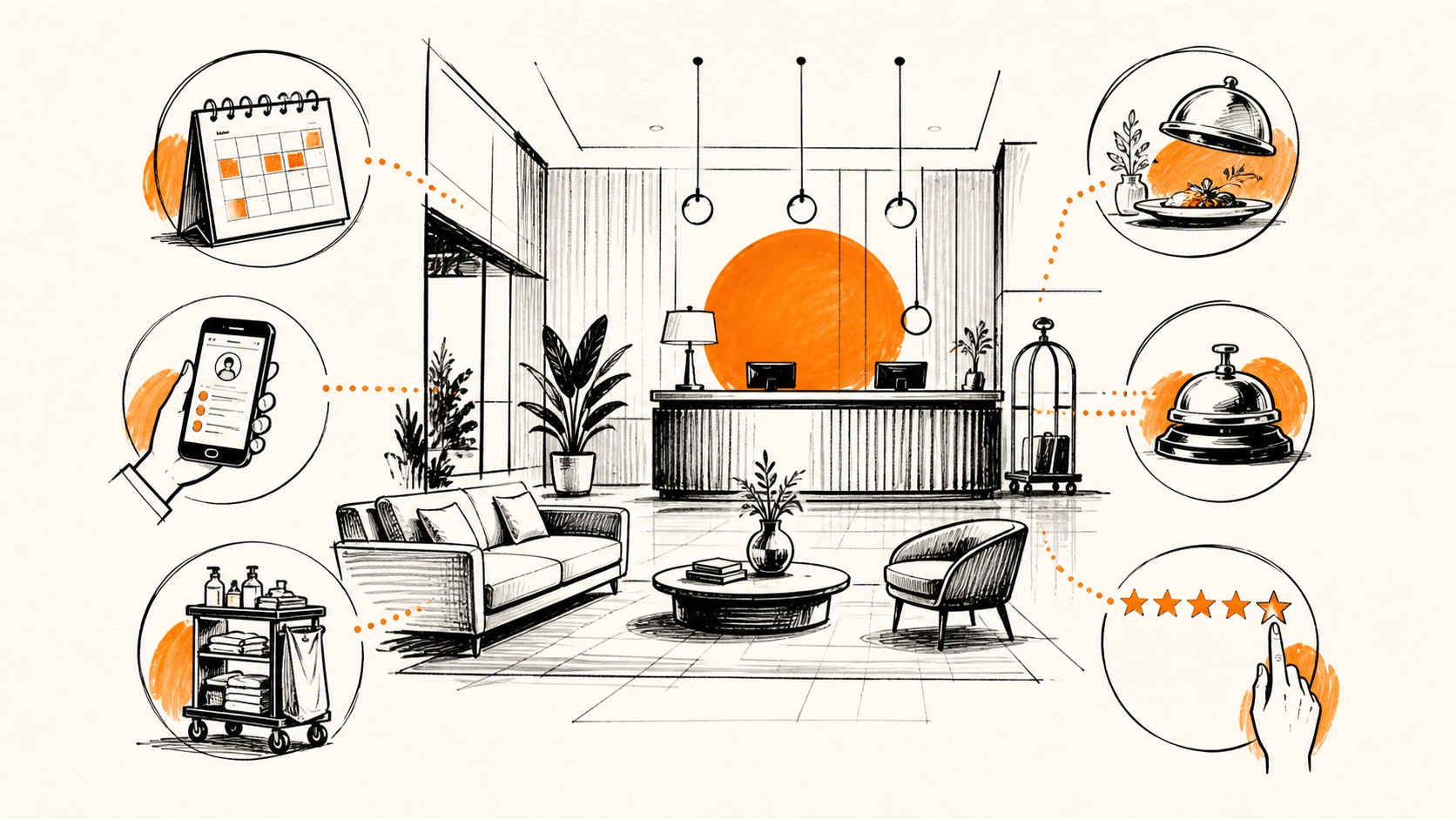 Doodle illustration of hotel reservations, guest calls and operations