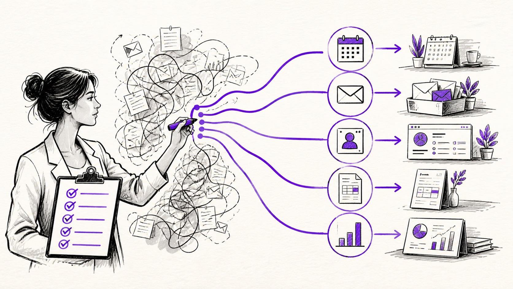 Doodle illustration of a consultant mapping office workflows