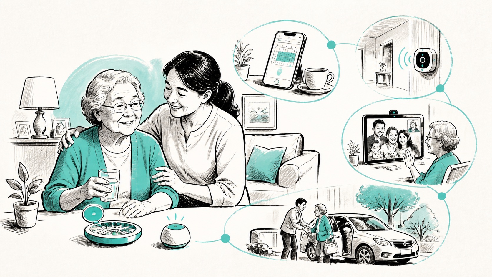 Doodle illustration of an older adult connected with care and daily support