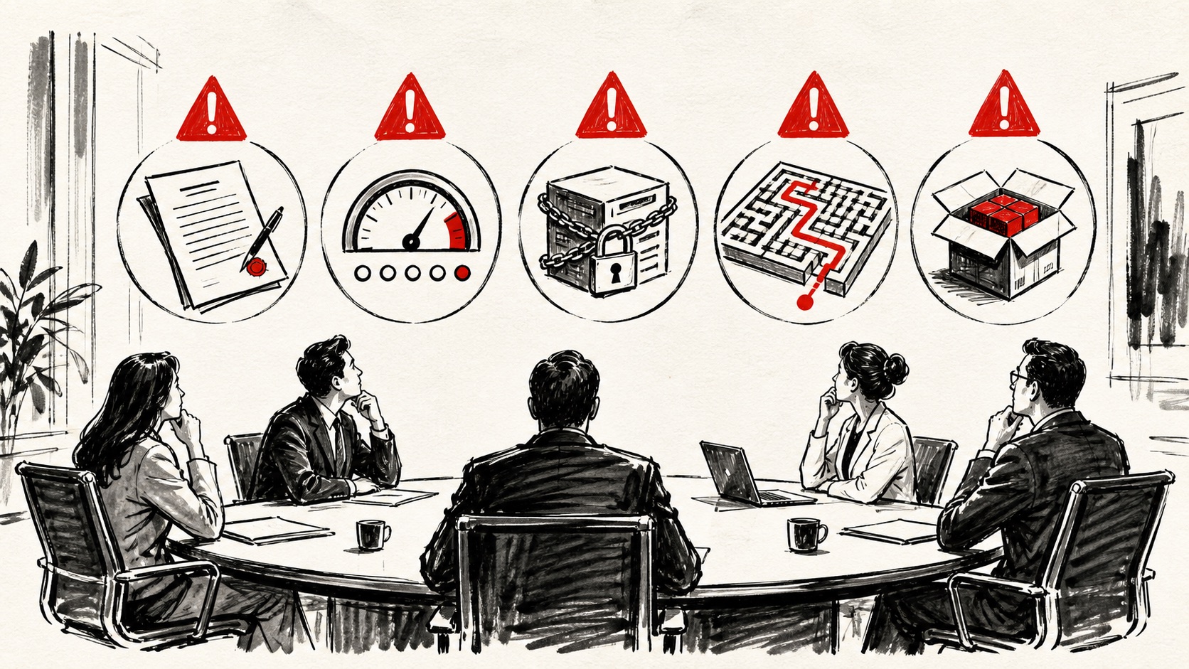 Doodle illustration of a board avoiding five AI procurement warning signs