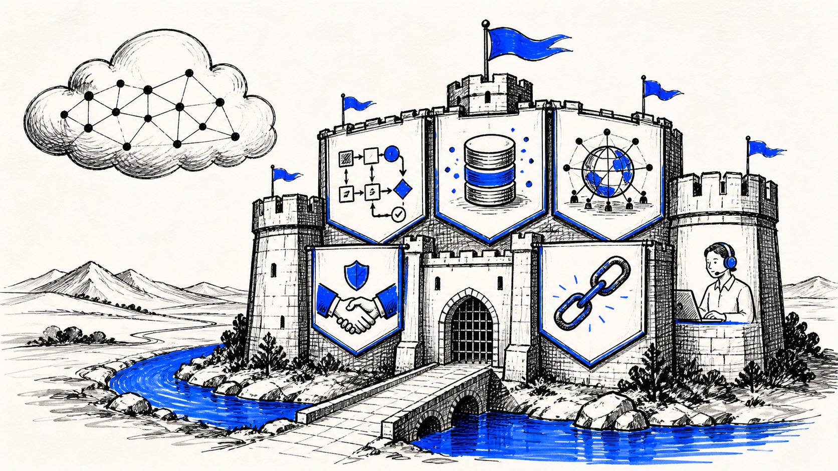 Doodle illustration of a business moat built from workflow, data and trust