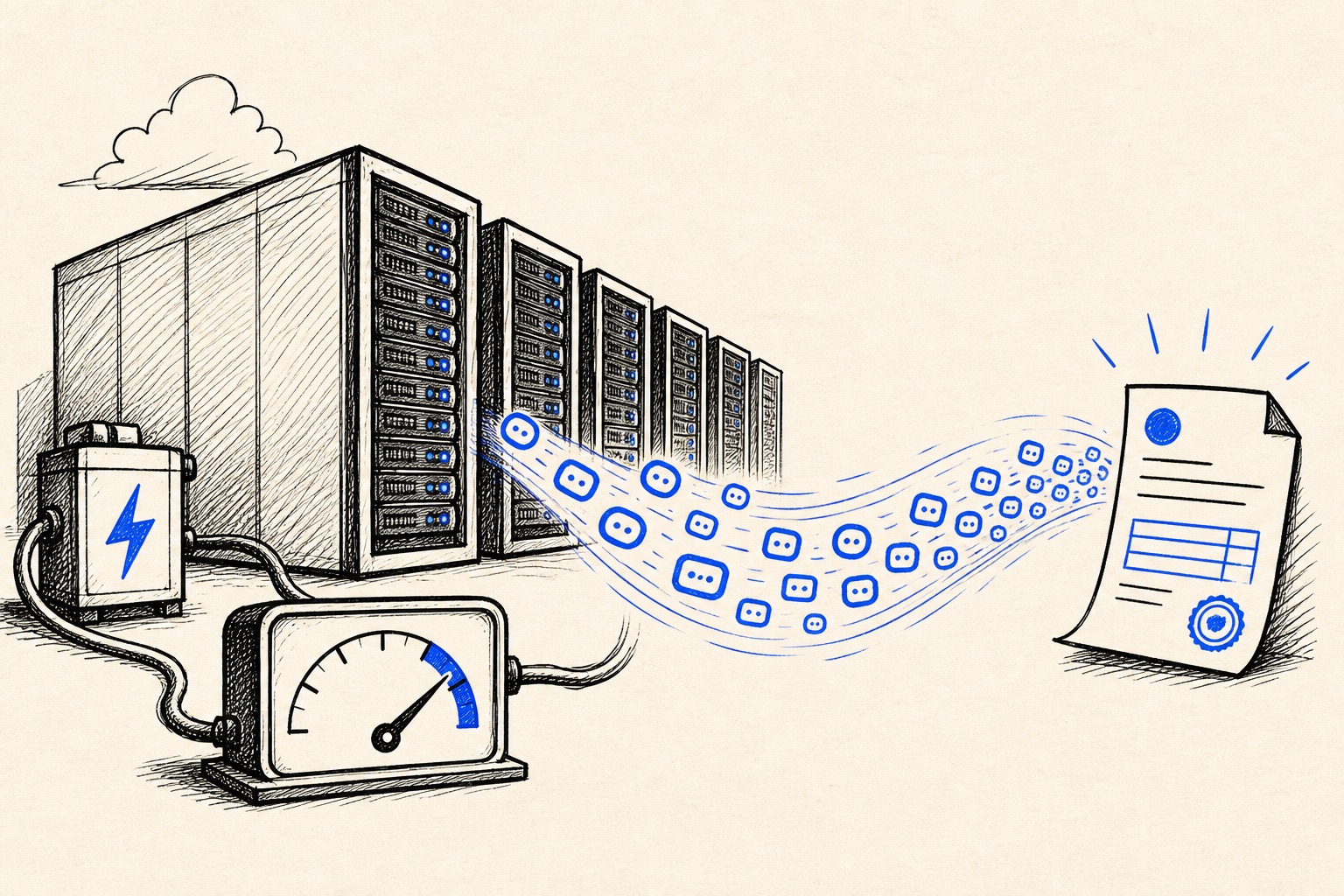 Doodle illustration of data center capacity turning into paid AI workloads