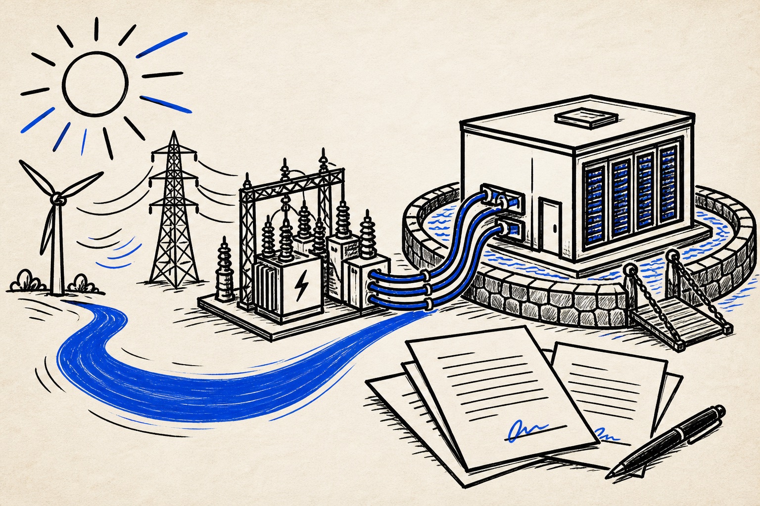 Doodle illustration of AI data centers connected to a power grid and energy contracts