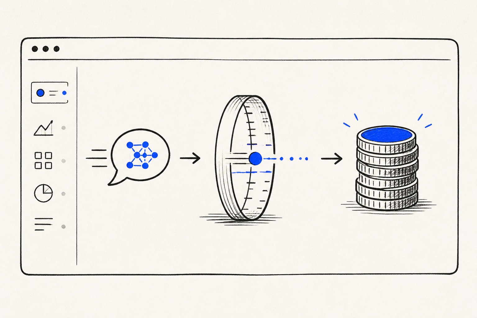 Doodle illustration of AI inference requests moving through a clear pricing meter