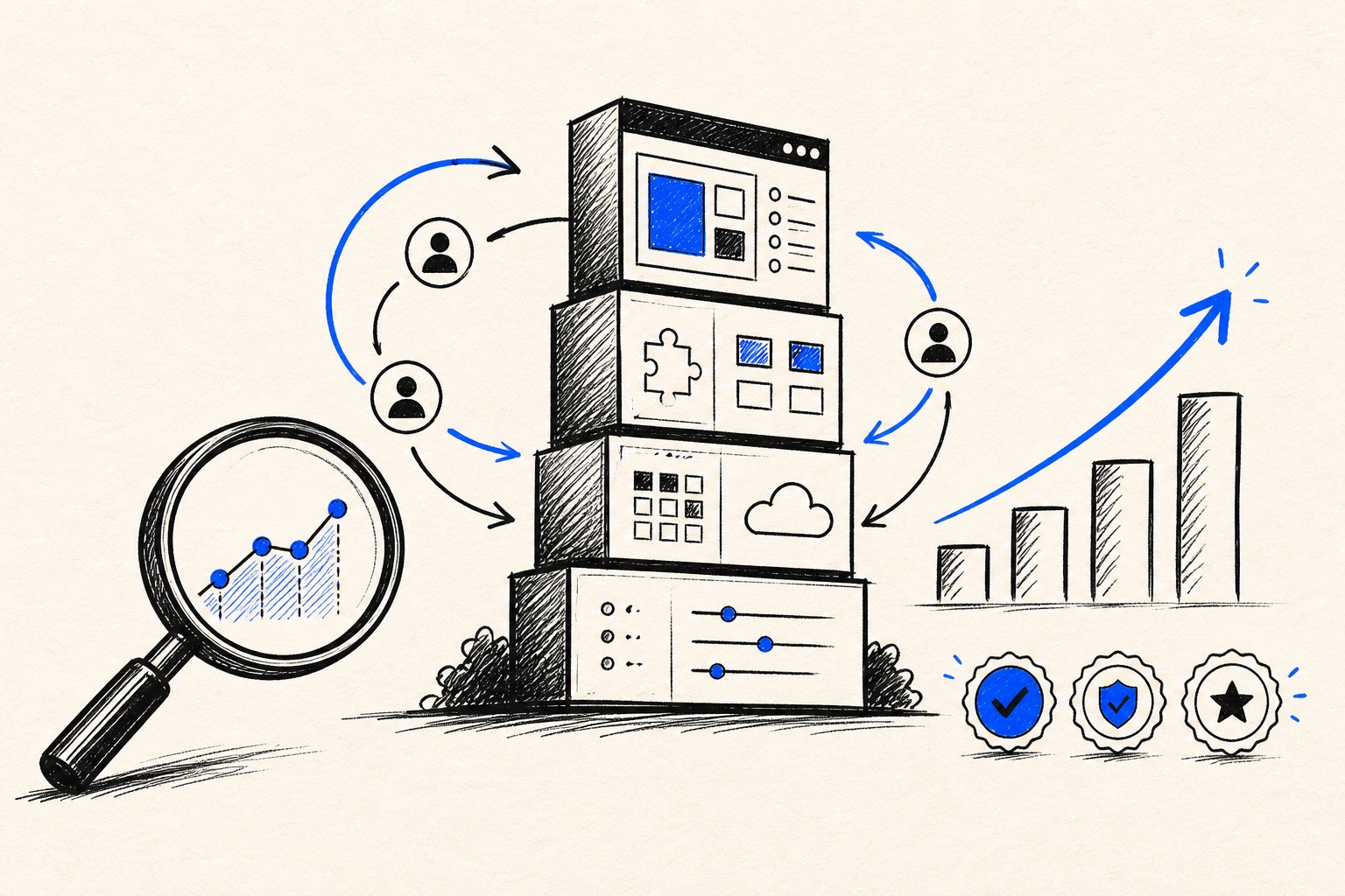 Doodle illustration of software valuation signals and AI product evidence