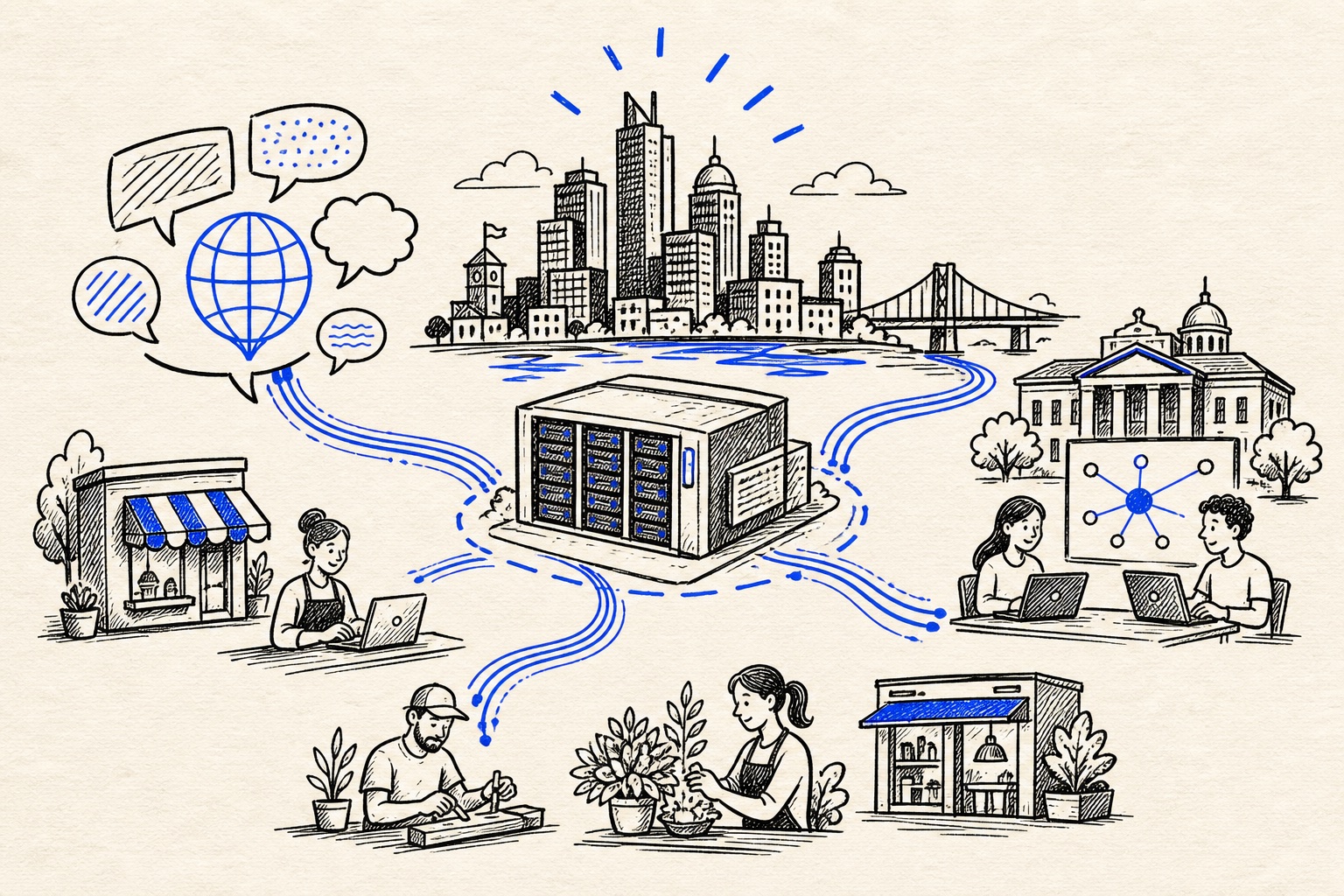 Doodle illustration of a regional AI compute hub linked to local businesses and talent