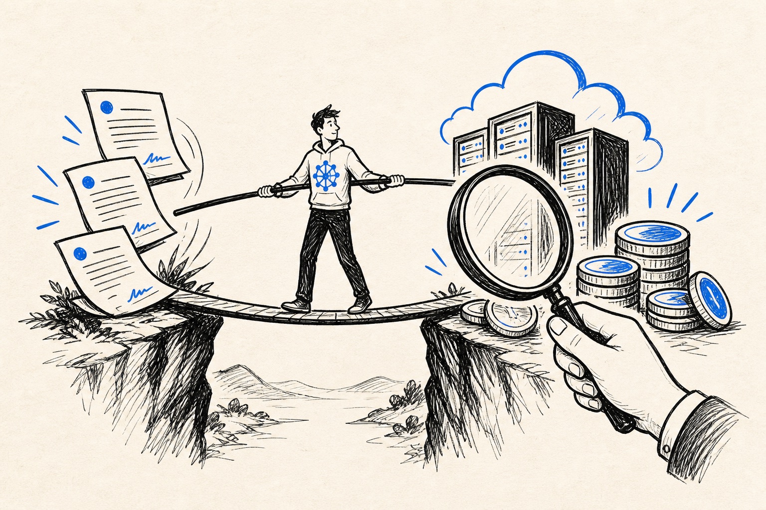 Doodle illustration of AI startup finance, debt and variable compute costs