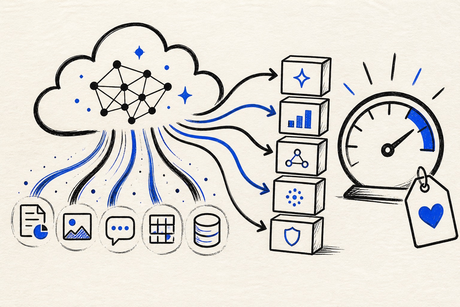 Doodle illustration of cloud AI revenue flowing through customer workloads