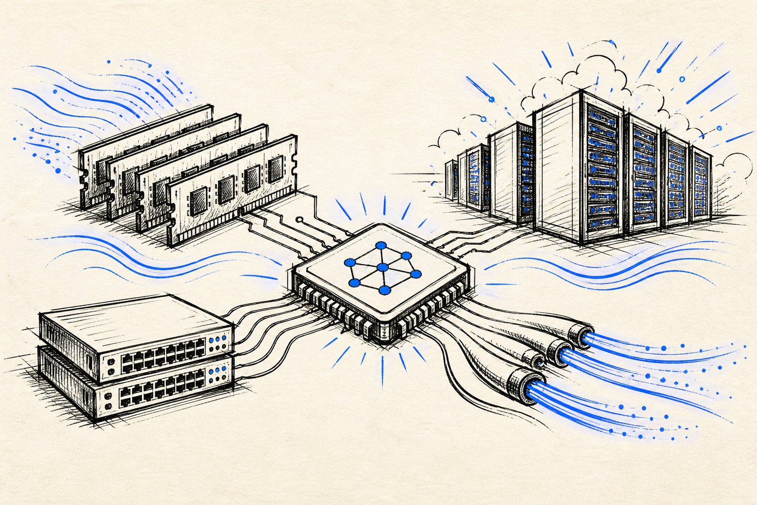 Doodle illustration of AI semiconductors, memory and network supply signals