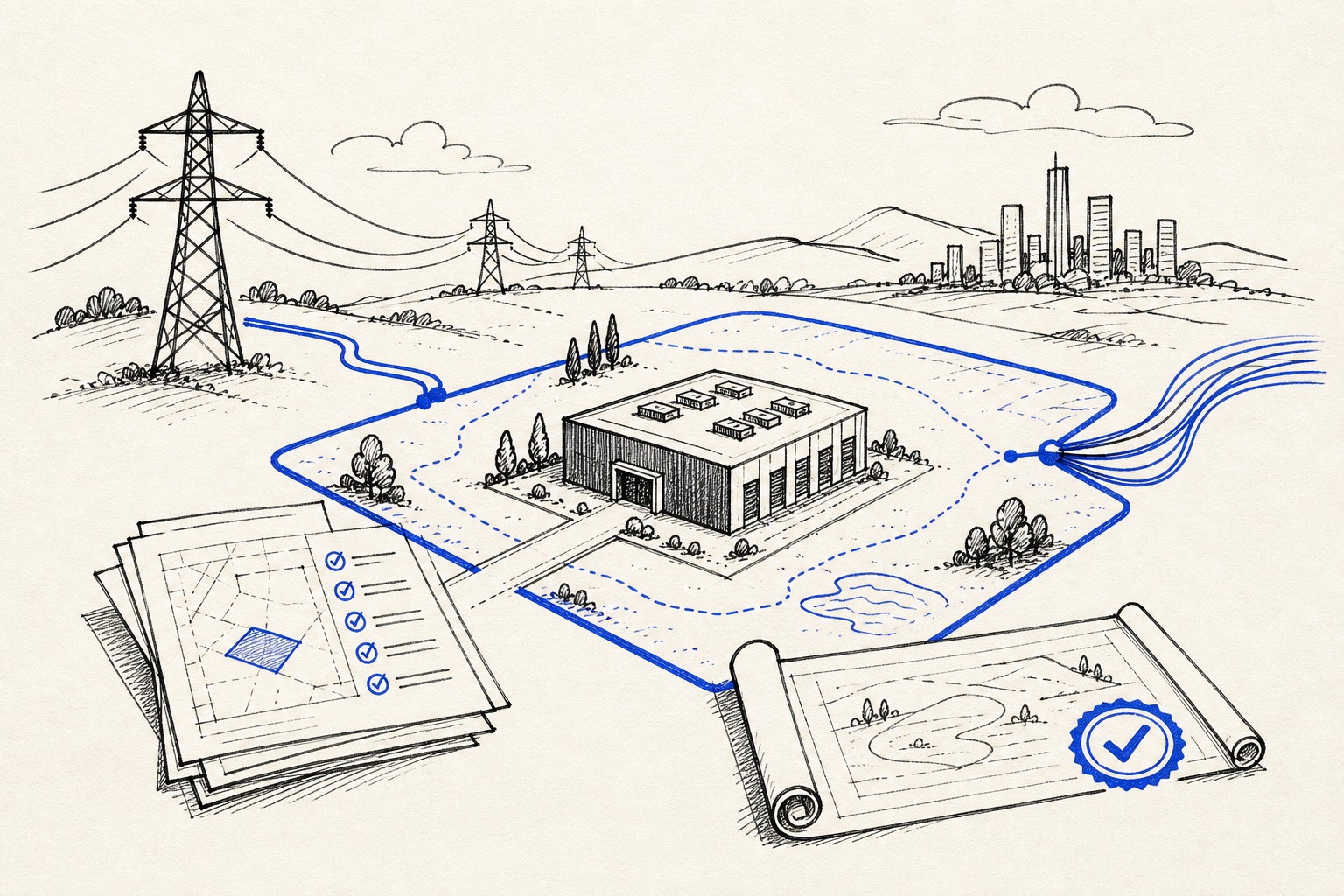 Doodle illustration of data center land, power lines and fiber routes