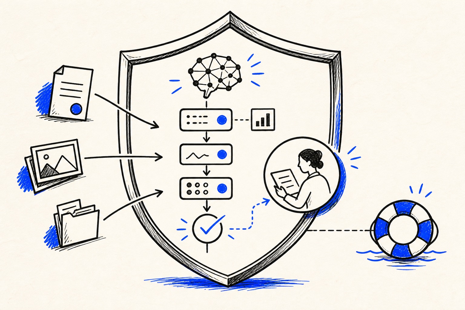 Doodle illustration of AI systems, risk controls and insurance evidence