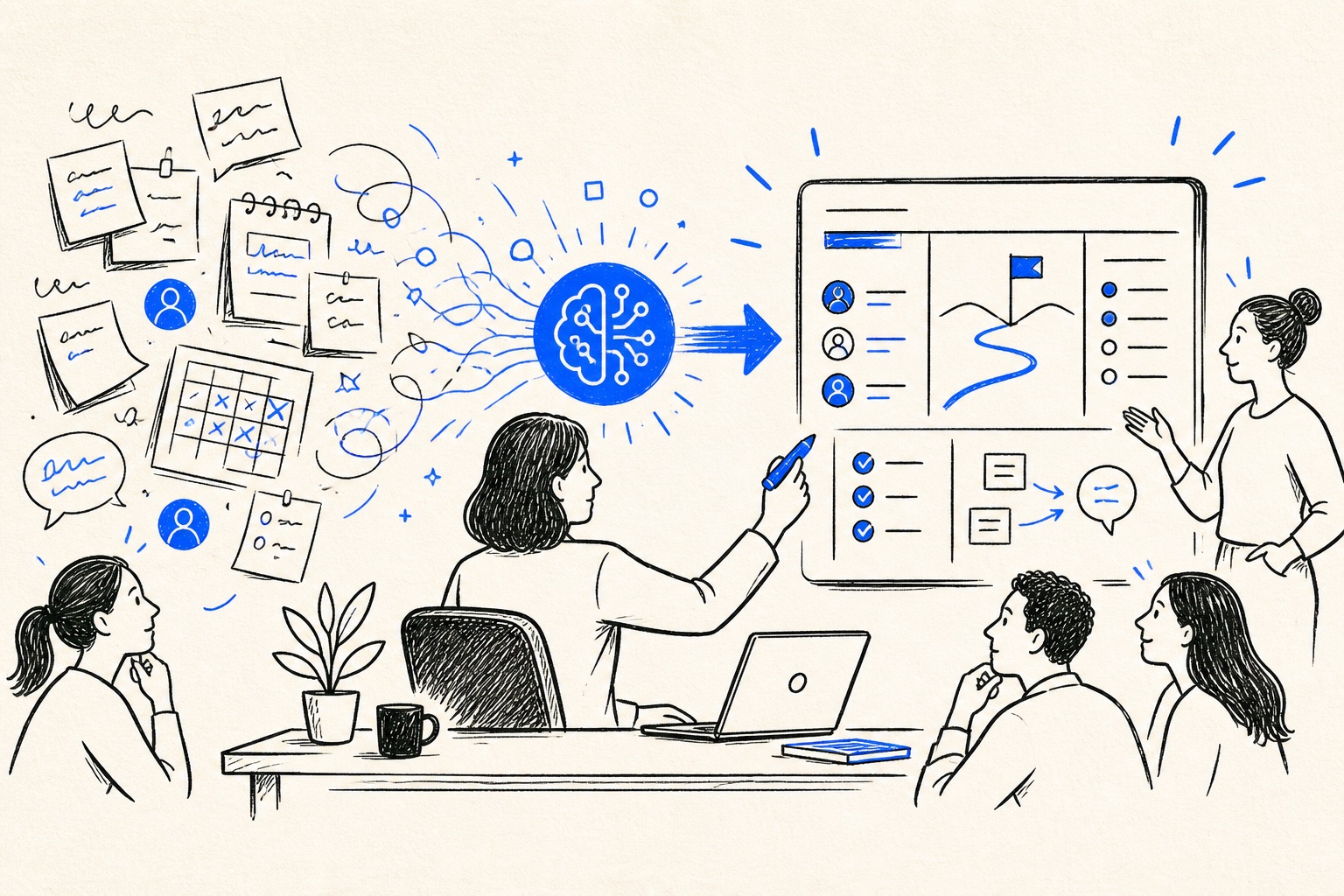 Doodle illustration of a manager coordinating people and AI work