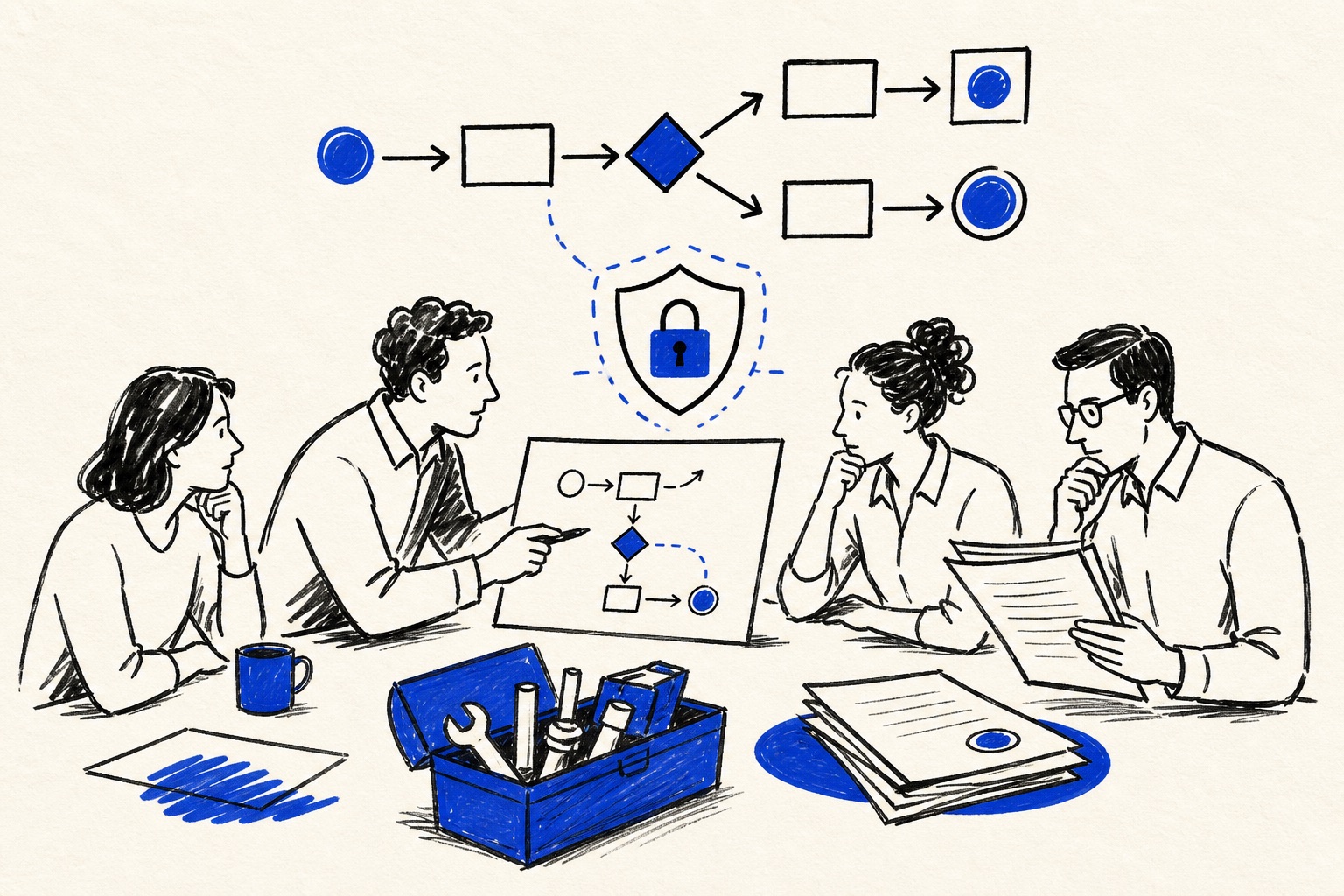 Doodle illustration of an AI procurement team evaluating a workflow