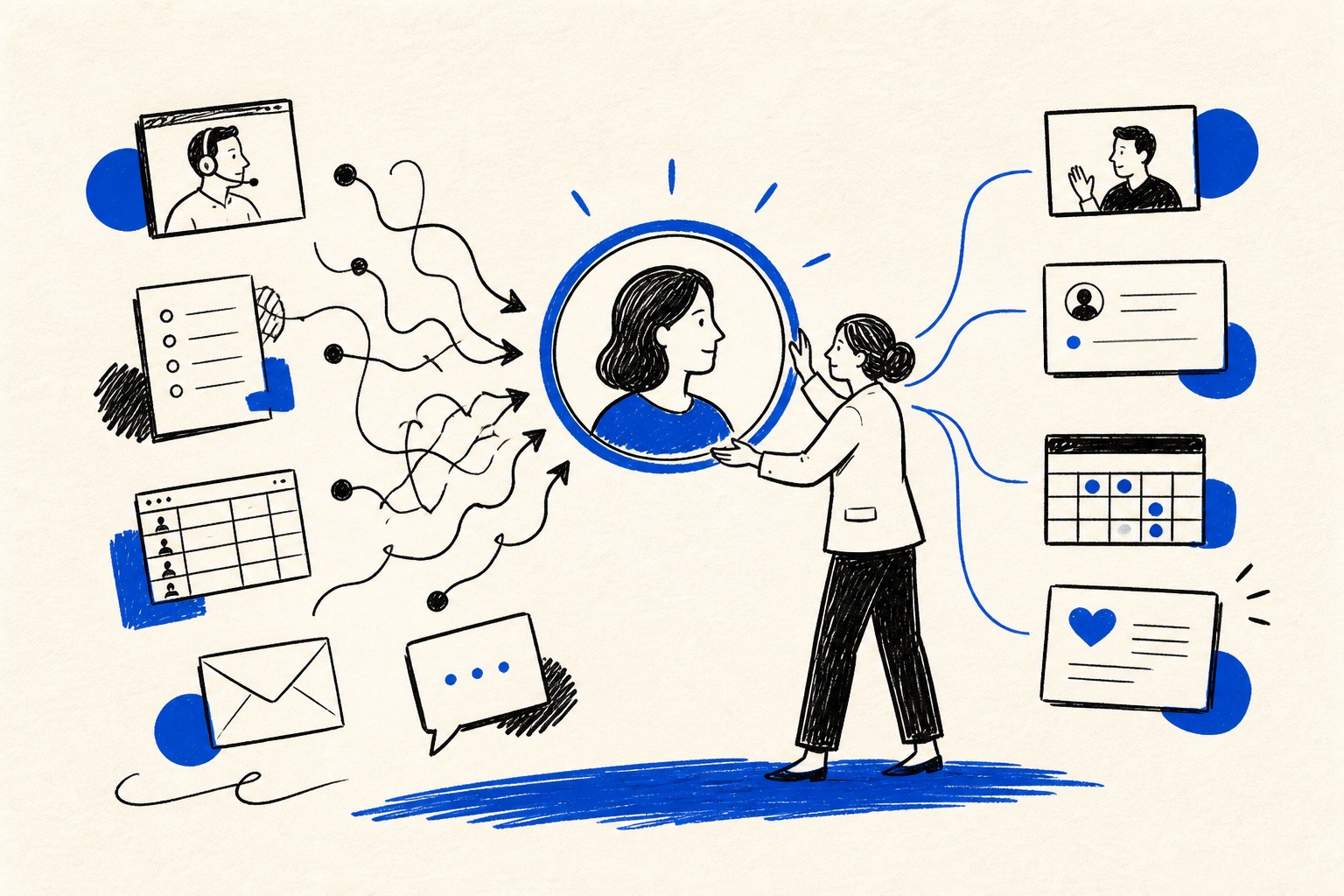 Doodle illustration of AI sales tools connected to a customer relationship workflow