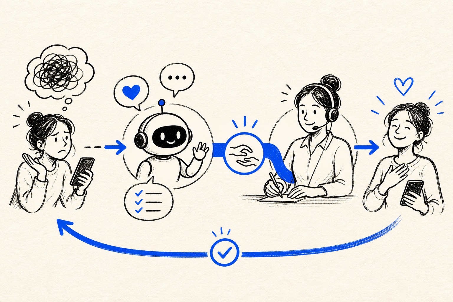 Doodle illustration of a customer moving between AI assistance and human support