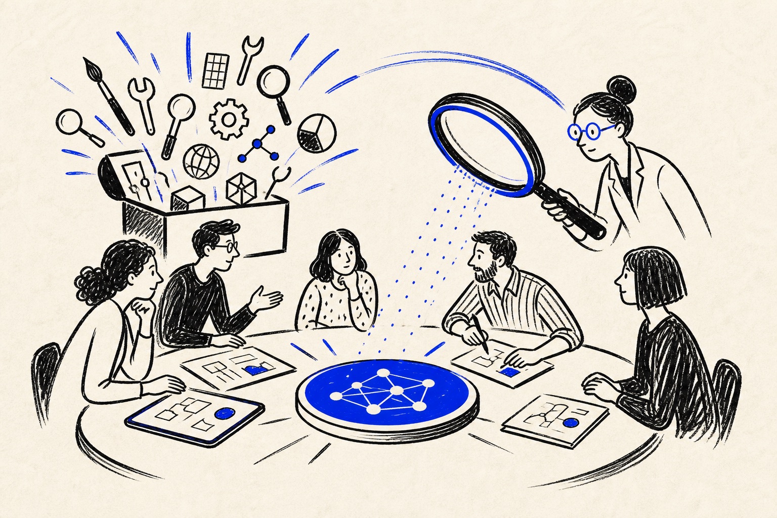 Doodle illustration of generalist and specialist AI work converging on a decision