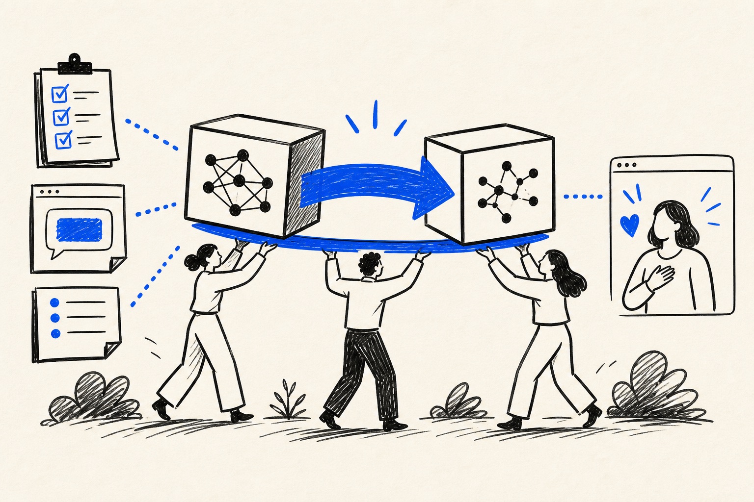 Doodle illustration of a business moving between AI model vendors
