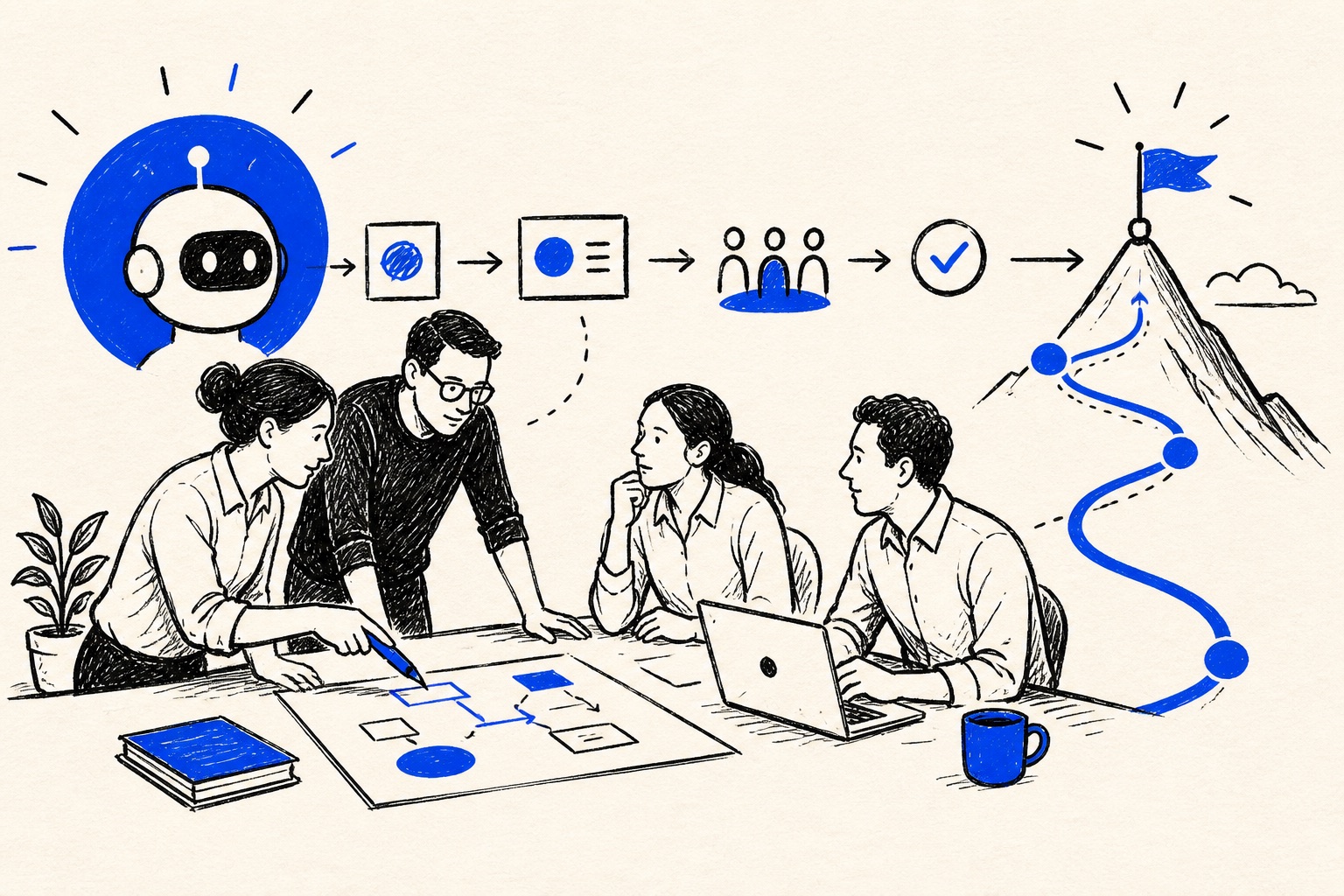 Doodle illustration of an AI implementation partner working alongside an operating team