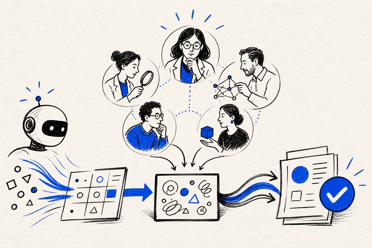 Doodle illustration of specialist workers supporting an AI-enabled business