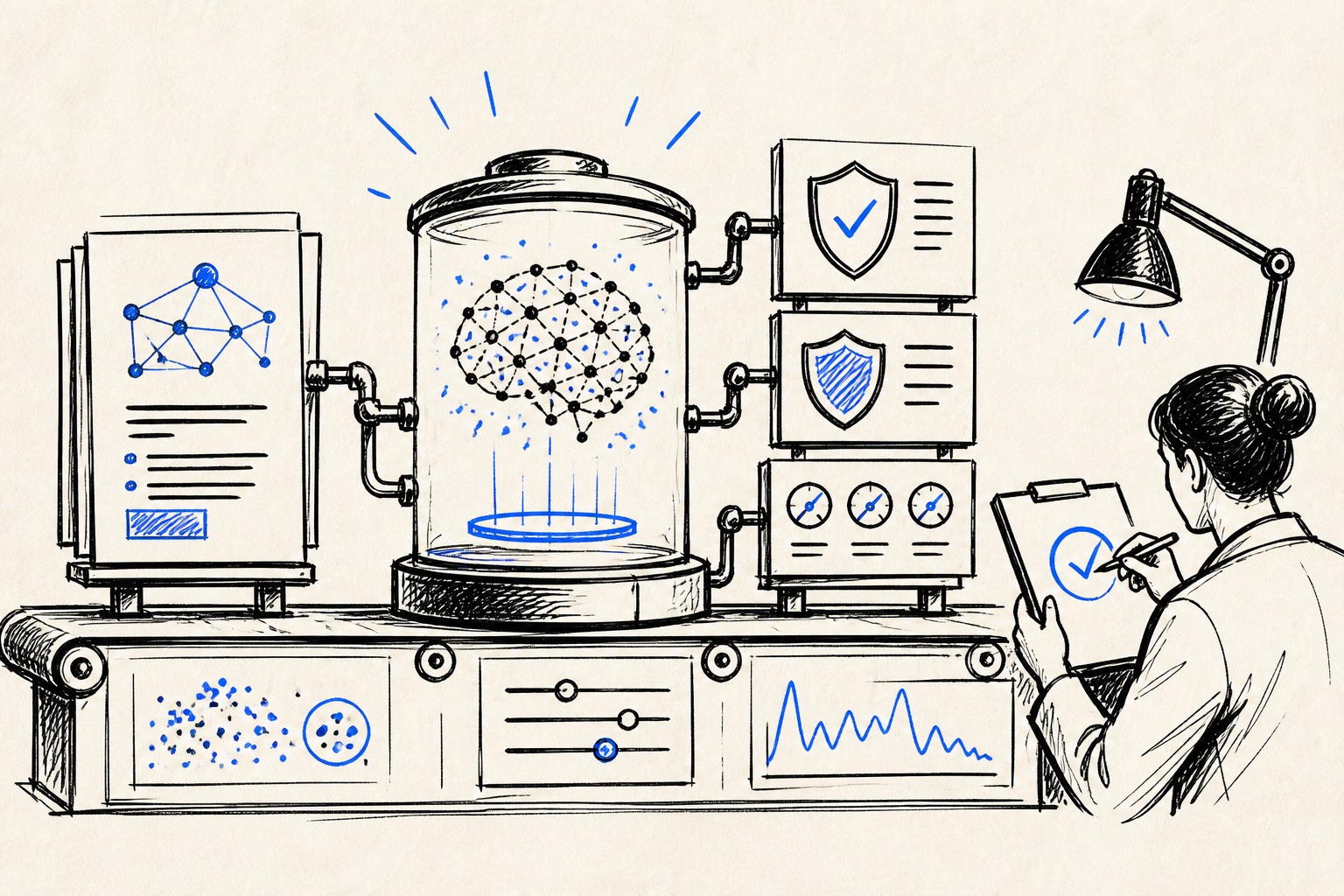 Doodle illustration of AI evaluation tests, evidence and quality checks
