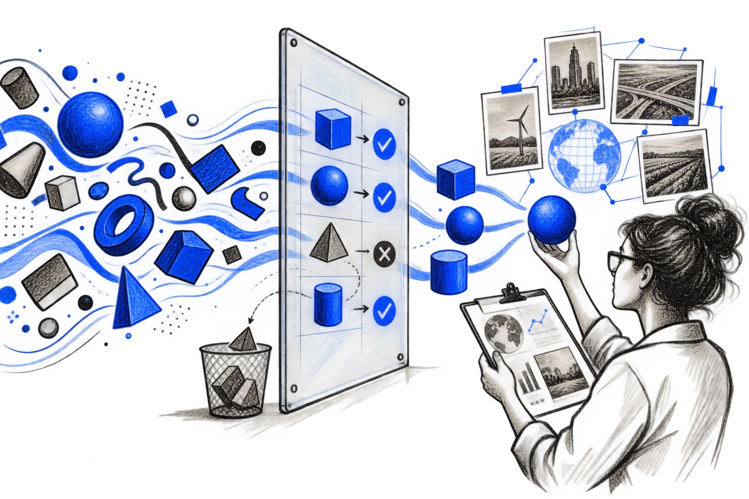 Doodle illustration of synthetic data being tested against real-world evidence