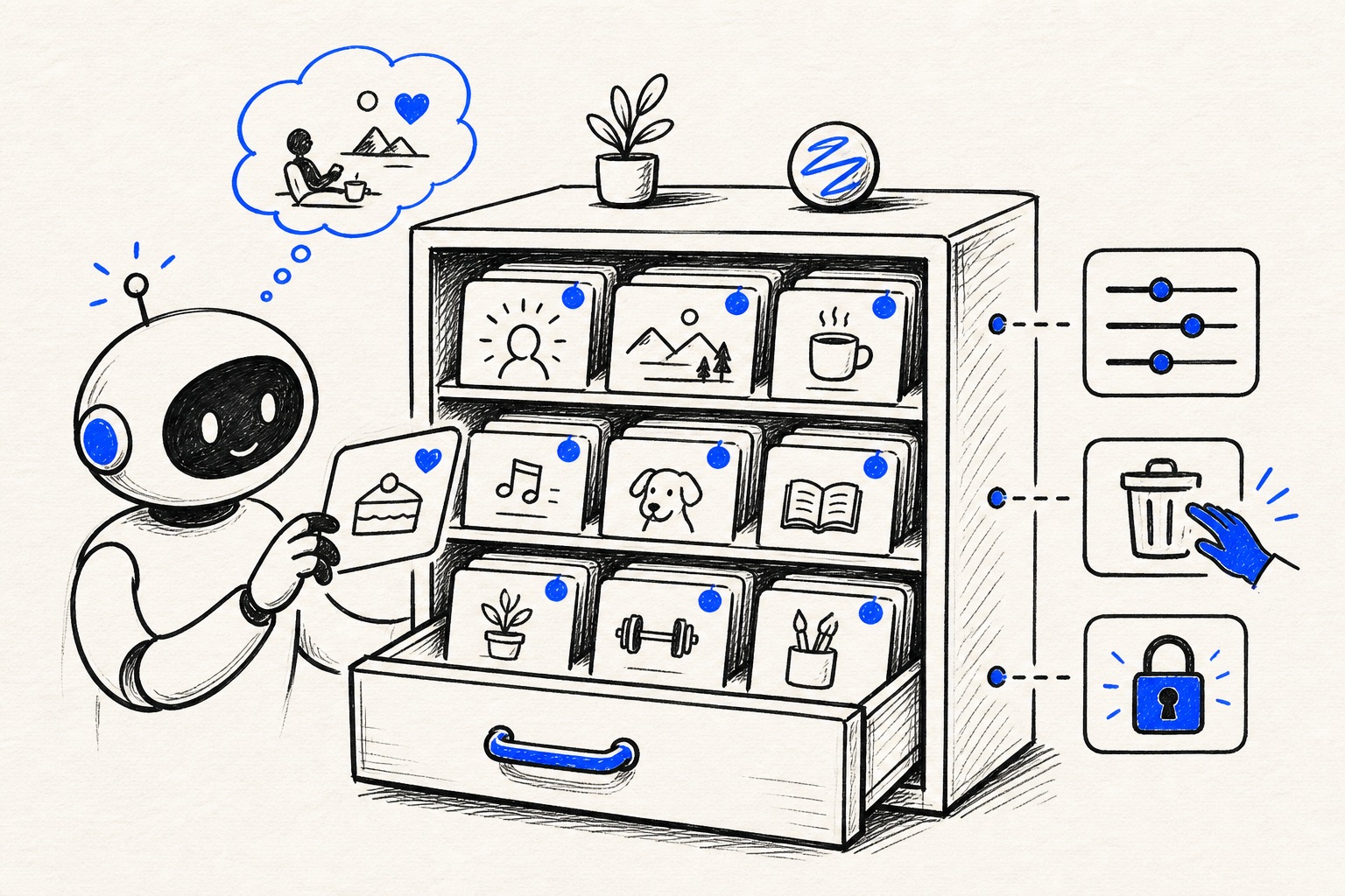 Doodle illustration of AI memory, user context and privacy controls