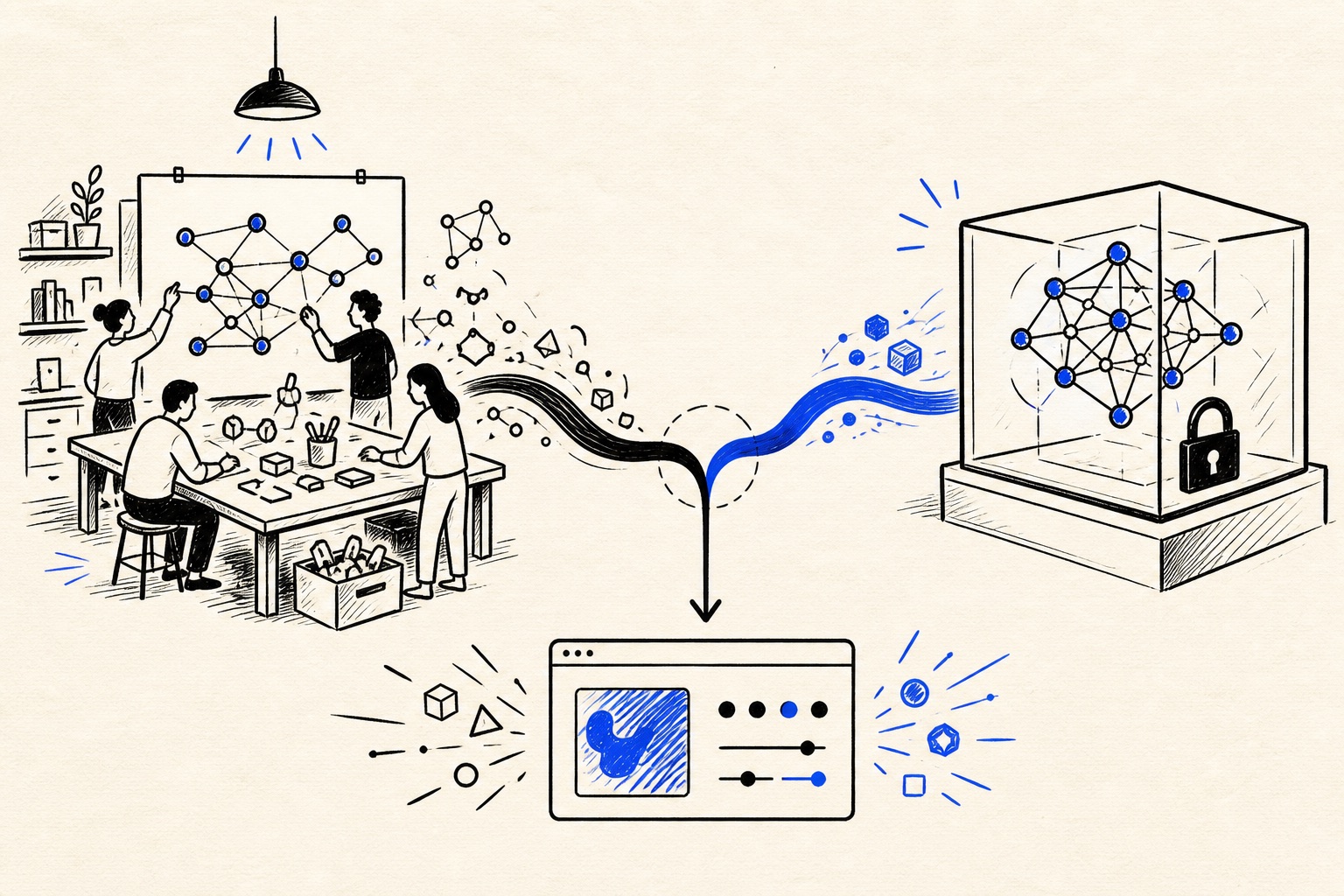 Doodle illustration of open and closed AI model strategies