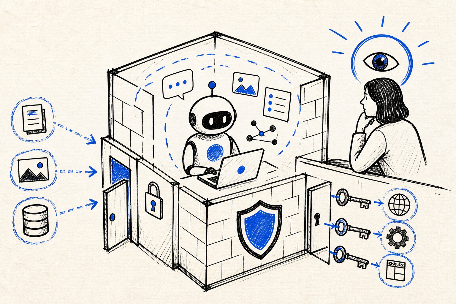Doodle illustration of AI security boundaries around data and tools